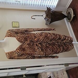 Symphony+ brown gold leopard print dress long slv ruched Vneck openback 3XL New…